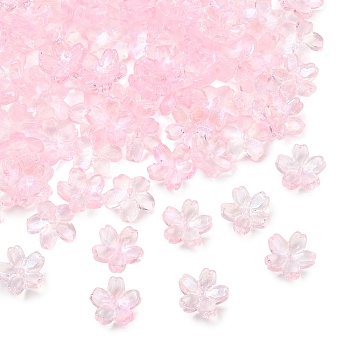 60G Baking Paint Transparent Glass Bead Caps, 5-Petal Flower, with Glitter Powder, Pearl Pink, 12~12.5x4.5~5mm, Hole: 1.2~1.4mm