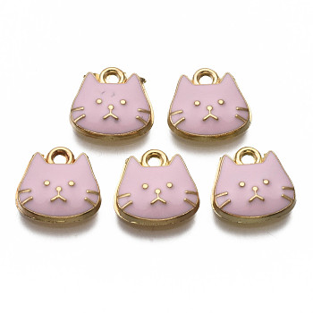 Alloy Enamel Charms, Light Gold, Cadmium Free & Nickel Free & Lead Free, Cat, Pearl Pink, 11.5x11.5x3mm, Hole: 1.4mm