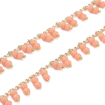 3.28 Feet Handmade Glass Beaded Chains, Soldered, with Golden Tone Brass Findings, Long-Lasting Plated, Light Salmon, 2x1mm