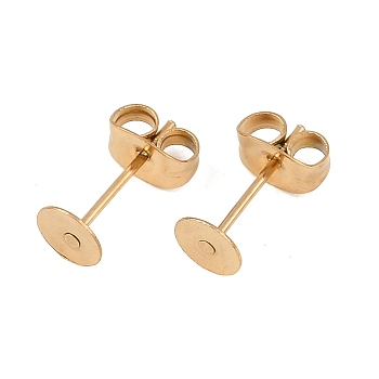 Ion Plating(IP) 304 Stainless Steel Stud Earring Findings, Flat Round, Real 18K Gold Plated, 5x0.3mm, Pin: 0.7mm