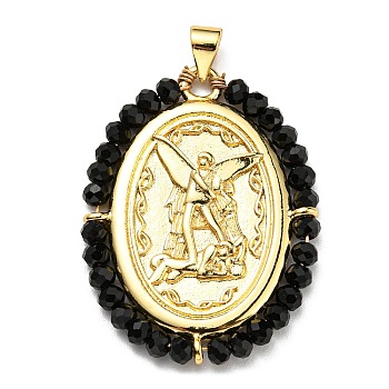 Brass with Glass Pendants, Cadmium Free & Lead Free, Real 18K Gold Plated, Oval with Angel Pattern, Black, 35x26x3mm, Hole: 3.5x4mm