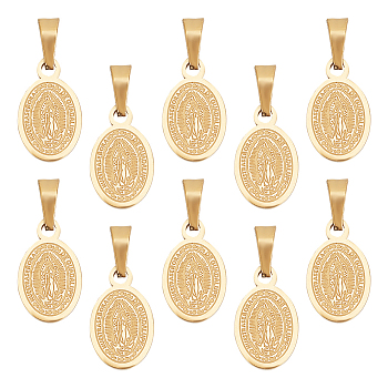 10Pcs Oval with Virgin Mary & Word 304 Stainless Steel Charms, Golden, 13.5x8x1.5mm, Hole: 4x7mm