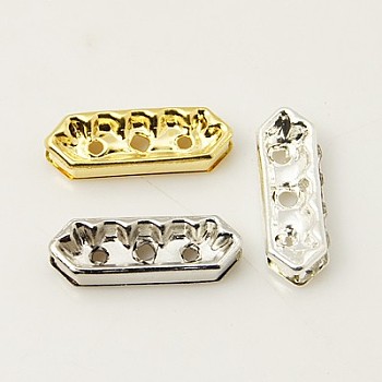 Brass Rhinestone Bridge Spacers, with 6 pcs Clear Middle East Rhinestone Beads, 3 Holes, Nickel Free, Mixed Color, 16x5x3mm, Hole: 1mm