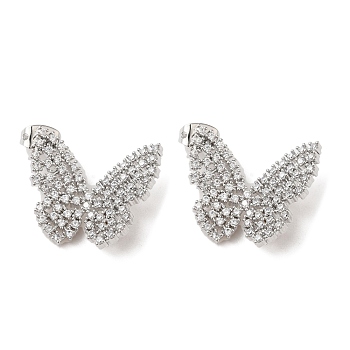Butterfly Rack Plating Brass Stud Earrings, with Clear Cubic Zirconia, Lead Free & Cadmium Free, Platinum, 24x23.5mm