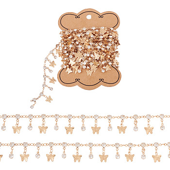 Handmade Rhinestone Flat Round Link Chains, with Brass Butterfly Charms, Soldered, Light Gold, 9x6.5x3mm, about 3m/roll