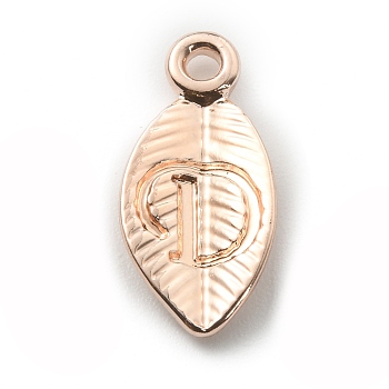 Alloy Pendants, Leaf with Letter Charm, Rose Gold, Letter.D, 15.5x7.5x2.5mm, Hole: 1.5mm