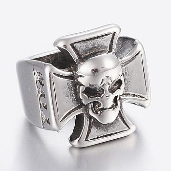 304 Stainless Steel Ring Beads, Large Hole Beads, Cross with Skull Head, Antique Silver, 11.5x11.5x13mm, Hole: 8.5mm
