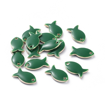 Brass Charms, with Enamel, Fish, Raw(Unplated), Green, 13.5x7.5x2mm, Hole: 1.2mm