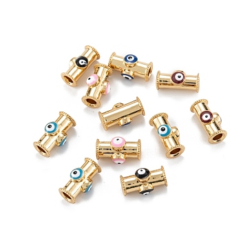 Real 18K Gold Plated Brass Tube Beads, with Enamel, Column with Evil Eye
, Mixed Color, 15x8.5x7mm, Hole: 3.5mm