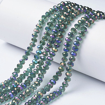 Electroplate Transparent Glass Beads Strands, Full Rainbow Plated, Faceted, Rondelle, Medium Sea Green, 6x5mm, Hole: 1mm, about 85~88pcs/strand, 16.1~16.5 inch(41~42cm)