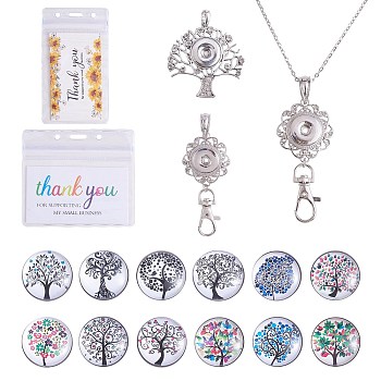 DIY Interchangable Pendant ID Card Holder Necklace Making Kit, Including Tree Of Life Glass Snap Cabochon, 304 Stainless Steel Cable Chains Necklaces, Alloy Flower Snap Base Settings, Platinum & Stainless Steel Color, 17Pcs/box