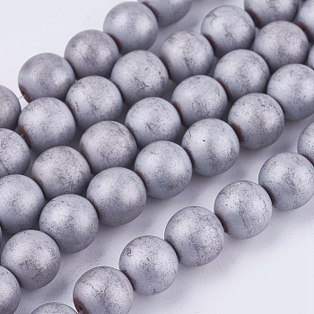 Electroplate Non-magnetic Synthetic Hematite Beads Strands, Frosted, Grade A, Round, Platinum Plated, 8mm, Hole: 1mm, about 33pcs/strand, 9.8 inch