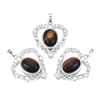 Natural Tiger Eye Pendants, with Rack Plating Platinum Tone Brass Findings, Heart, 38.5x34x8mm, Hole: 7x5mm