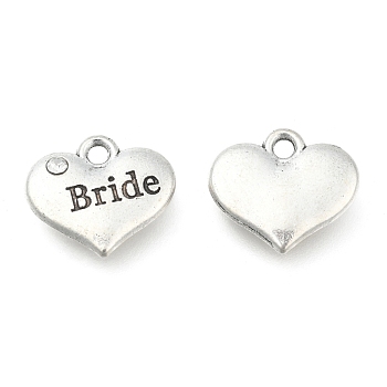 Wedding Theme Antique Silver Tone Tibetan Style Heart with Bride Rhinestone Charms, Cadmium Free & Lead Free, Crystal, 14x16x3mm, Hole: 2mm