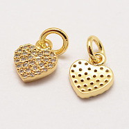 Brass Micro Pave Grade AAA Cubic Zirconia Charms, Long-Lasting Plated, Heart, Cadmium Free & Nickel Free & Lead Free, Real 18K Gold Plated, 9x8x1.5mm, Hole: 3mm(X-ZIRC-G090-16G-NR)