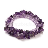 Three Loops Stretch Wrap Bracelets, with Natural Amethyst Beads, Round & Chip, 22.04 inch(56cm)(BJEW-JB05530-04)