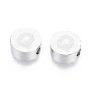 304 Stainless Steel Beads, Flat Round with Letter, Letter.Q, 10x4.5mm, Hole: 2mm(STAS-I126-02P-Q)