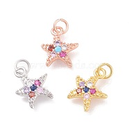 Brass Micro Pave Cubic Zirconia Charms, Starfish/Sea Stars, Mixed Color, 14.5x12x3mm, Hole: 3mm(ZIRC-F106-06)