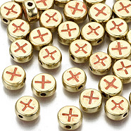 Alloy Enamel Beads, Cadmium Free & Lead Free, Flat Round with Cross, Light Gold, Coral, 8x4mm, Hole: 1.5mm(X-ENAM-S122-032-RS)