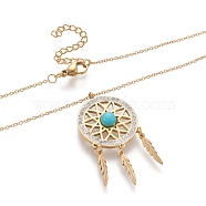 304 Stainless Steel Pendant Necklaces, with Polymer Clay Rhinestone and Synthetic Turquoise, Woven Net/Web with Feather, Golden, 16.54x0.05~0.08 inch(42x0.12~0.2cm)(NJEW-M184-05G)