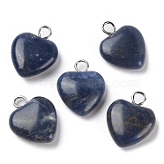 Natural Sodalite Pendants, Heart Charms with Platinum Plated Brass Loops, 14.8~15x12x4.1~4.6mm, Hole: 2mm(G-E603-01P-01)