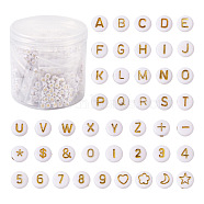 1860Pcs Plating Acrylic Beads, Golden Metal Enlaced, Flat Round with Mixed Patterns, White, White, 7x3.5mm, Hole: 1.2mm(PACR-PJ0001-01)
