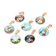 Virgin Mary Theme Glass Pendants, with 201 Stainless Steel Findings, Flat Round, Golden, Mixed Color, 26.5x22x6.5mm, Hole: 6x4mm(GLAA-R186-G)
