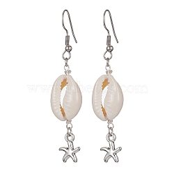 Natural Shell Dangle Earrings, Tibetan Style Alloy Long Drop Earrings with 304 Stainless Steel Pins, Starfish, 63x12.7mm(EJEW-JE05441-01)