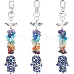 3Pcs Natural & Synthetic Gemstone Chips Cluster Pendant Decoration, Hamsa Hand with Evil Eye & Butterfly, Platinum, 135mm, 3pcs/box(HJEW-CA0001-35)