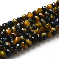 Natural Rainbow Tiger Eye Beads Strands, Dyed, Faceted, Rondelle, Dark Goldenrod, 6x4mm, Hole: 1mm, about 92~101pcs/strand, 15.55 inch(39.5cm)(G-NH0002-D04-02)