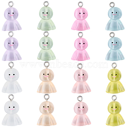 32Pcs 8 Colors Luminous Resin Pendants, Cartoon Japanese Sunny Doll Charms with Stainless Steel Color Plated 304 Stainless Steel Loops, Mixed Color, 20~21x13.5~14x9mm, Hole: 2mm, 4pcs/color(RESI-SC0006-50)
