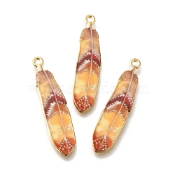 Alloy Enamel Pendants, Golden, Feather Charm, Sandy Brown, 38x8.5x1.5mm, Hole: 1.6mm(FIND-G078-34G-08)