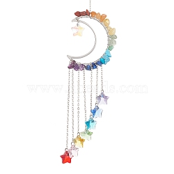 Glass Star Pendant Decoration, Hanging Suncatchers, with Moon Brass & Gemstone Chips and Cable Chains, Colorful, 220x46mm(HJEW-JM01182-01)