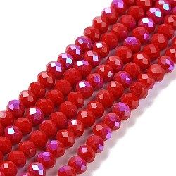 Electroplate Opaque Solid Color Glass Beads Strands, Half Rainbow Plated, Faceted, Rondelle, Dark Red, 4x3mm, Hole: 0.4mm, about 113~115pcs/strand, 41~42cm(EGLA-A034-P4mm-L04)