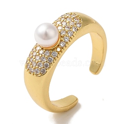 Rack Plating Brass Micro Pave Clear Cubic Zirconia Cuff Rings for Women, with Round ABS Plastic Pearl, Cadmium Free & Lead Free, Long-Lasting Plated, Real 18K Gold Plated, 6mm, Adjustable(RJEW-G323-05G)