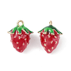 Brass Enamel Charms, Imitation Fruit, Light Gold, Strawberry Charm, FireBrick, 13x11x10mm, Hole: 1.2mm(KK-G462-28LG)