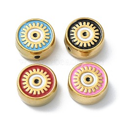 Ion Plating(IP) 304 Stainless Steel Enamel Beads, Real 18K Gold Plated, Flat Round with Evil Eye, Mixed Color, 12x5.5mm, Hole: 1.5mm(STAS-Q318-13)