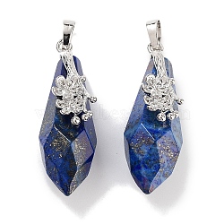 Natural Lapis Lazuli Faceted Teardrop Pendants, Rack Plating Platinum Tone Brass Flower Charms, Cadmium Free & Lead Free, 44~45.5x14.5~15.5x16~17mm, Hole: 6.5x5mm(G-Q163-04P-02)