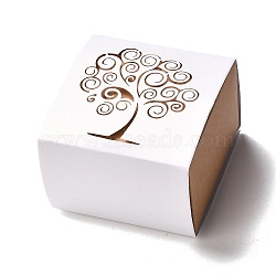 Paper Candy Boxes, Wedding Party Gift Box, Square with Hollow Tree of Life, White, 6.2x6.5x3.9cm(X-CON-B005-03)