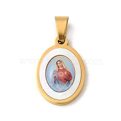 Ion Plating(IP) 304 Stainless Steel Pendants, with Pave Shell, Oval with Saint Charm, Golden, Indian Red, 21x14x3mm, Hole: 6x3mm(STAS-C103-03G-06)