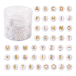1860Pcs Plating Acrylic Beads, Golden Metal Enlaced, Flat Round with Mixed Patterns, White, White, 7x3.5mm, Hole: 1.2mm(PACR-PJ0001-01)