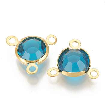 Glass Charms, with 304 Stainless Steel Finding, Flat Round, Faceted, Golden, Deep Sky Blue, 12x13x4mm, Hole: 1.5mm