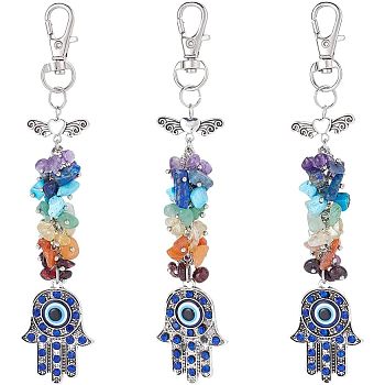 3Pcs Natural & Synthetic Gemstone Chips Cluster Pendant Decoration, Hamsa Hand with Evil Eye & Butterfly, Platinum, 135mm, 3pcs/box