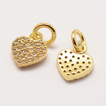 Brass Micro Pave Grade AAA Cubic Zirconia Charms, Long-Lasting Plated, Heart, Cadmium Free & Nickel Free & Lead Free, Real 18K Gold Plated, 9x8x1.5mm, Hole: 3mm