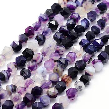 Natural Striped Agate/Banded Agate Beads Strands, Star Cut Round Beads, Dyed & Heated, Faceted, Purple, 8~8.5mm, Hole: 1mm, about 48~50pcs/strand, 14.9~15.1 inch(38~38.5cm)