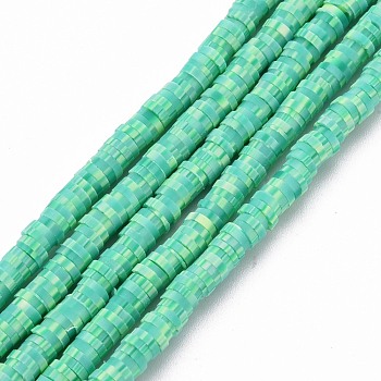 Handmade Polymer Clay Bead Strands, Heishi Beads, for DIY Jewelry Crafts Supplies, Disc/Flat Round, Medium Aquamarine, 4x0.5~1mm, Hole: 0.9mm, about 320~450pcs/strand, 15.35 inch~16.92 inch(39~43cm)