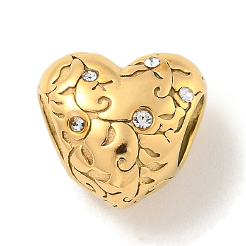 304 Stainless Steel Rhinestone European Beads, Large Hole Beads, Heart, Golden, 10.5x11.5x8.5mm, Hole: 4.5mm