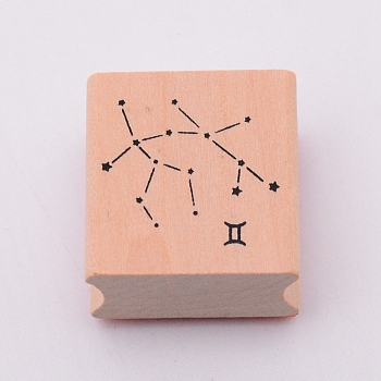 Wooden Stamps, with Rubber, Square with Twelve Constellations, Gemini, 30x30x24mm