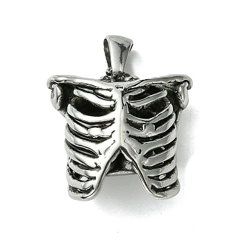 304 Stainless Steel Pendants, Human Rib Cage Charms, Antique Silver, 26x20.5x11.5mm, Hole: 5x3mm