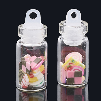 Handmade Polymer Clay Nail Art Decoration Accessories, with Glass Wishing Bottle and CCB Plastic Bottle Stopper, Mixed Color, 5~7x3~5.5x0.1~1mm, bottle: 27.5x11mm, hole: 3mm